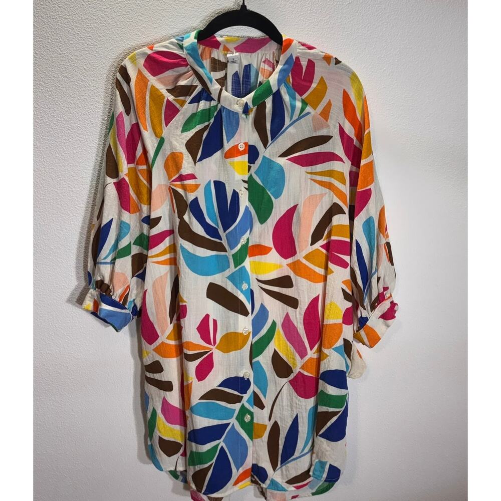Tabitha Brown Target Colorful Leaf Print Button Blouse Sz S Boho Casual